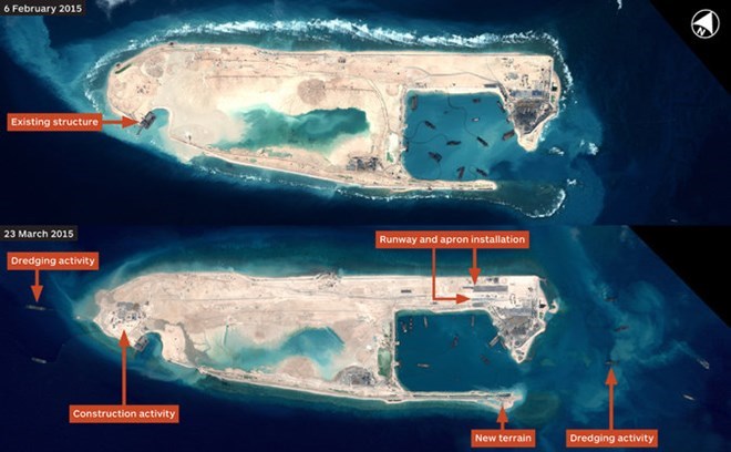 Hình ảnh chụp vệ tinh cho thấy Trung Quốc tiến hành xây dựng trái phép đường băng thứ nhất trên đá Chữ Thập thuộc quần đảo Trường Sa (Việt Nam), hồi tháng 2. (Nguồn: IHS Jane’s Defense Weekly)