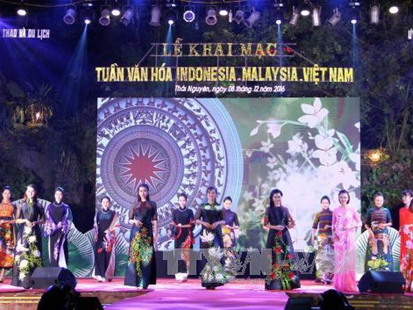Trình diễn trang phục truyền thống Indonesi, Malaysia và Việt Nam tại lễ khai mạc. (Ảnh: Thu Hằng/TTXVN)