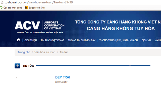 Website cảng hàng không Tuy Hòa cũng bị hacker 