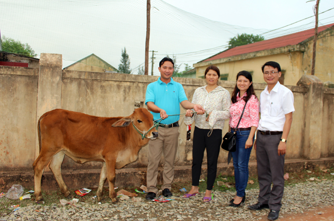 Đại diện Sở Tài nguyên và Môi trường, Dự án EbA trao bò cho người dân thôn Hòa Bình (xã Quảng Hưng, huyện Quảng Trạch).