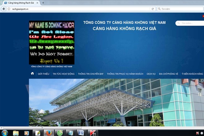 Website của cảng hàng không Rạch Giá bị tấn công. Ảnh chụp màn hình vào chiều 9-3.