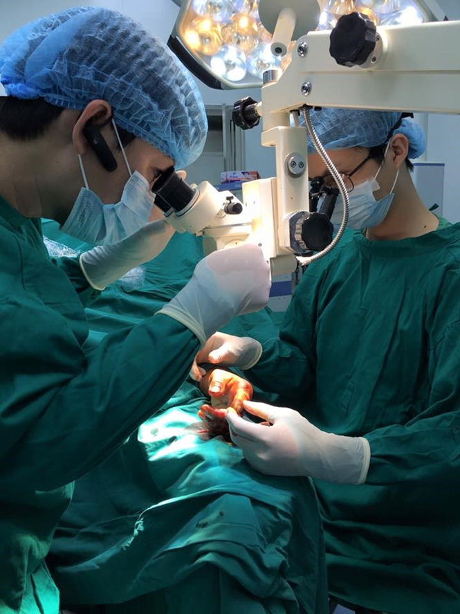Các bác sỹ đang phẫu thuật nối ngón tay cho bệnh nhân