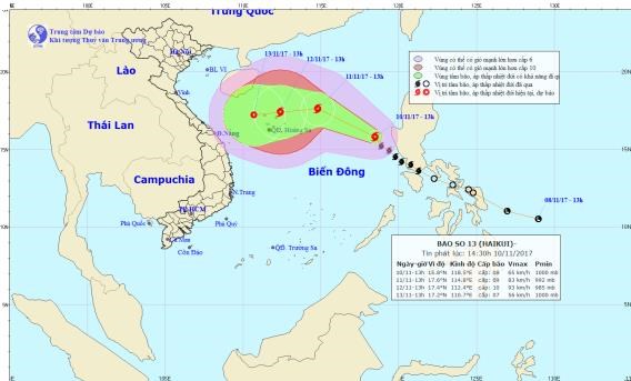  Vị trí và đường đi của bão số 13 - Ảnh: Trung tâm dự báo khí tượng thủy văn trung ương