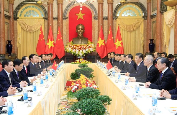 Chủ tịch nước Trần Đại Quang hội kiến Tổng Bí thư, Chủ tịch Trung Quốc Tập Cận Bình trong chuyến thăm cấp Nhà nước tới Việt Nam. (Ảnh: Nhan Sáng/TTXVN)