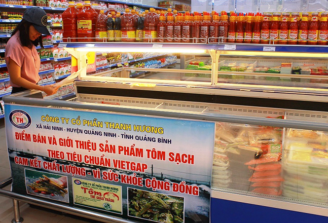 Sản phẩm nuôi tôm thẻ chân trắng của Công ty cổ phần Thanh Hương đã được bày bán ở siêu thị Co.op mart Quảng Bình.
