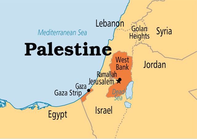 Lãnh thổ của Palestine hiện nay (màu cam). Các khu định cư Do Thái vẫn không ngừng mở rộng ở Bờ Tây (West Bank) - Ảnh chụp màn hình