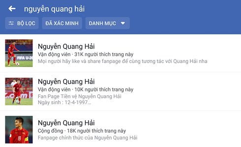  Rất nhiều tài khoản Facebook có tên cầu thủ Nguyễn Quang Hải. Ảnh chụp màn hình.