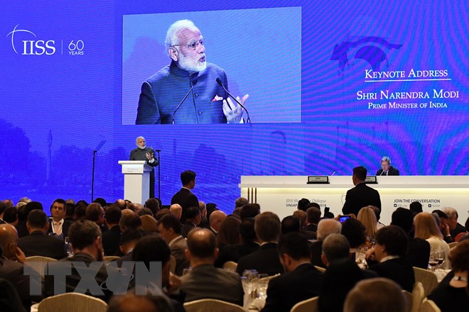 Thủ tướng Ấn Độ Narendra Modi phát biểu tại phiên khai mạc Đối thoại Shangri-La tại Singapore ngày 1-6. (Nguồn: AFP/TTXVN)