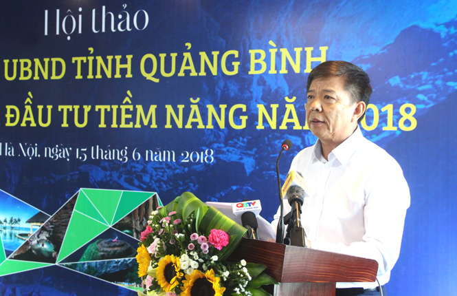 Đồng chí Nguyễn Hữu Hoài, Phó Bí thư Tỉnh ủy, Chủ tịch UBND tỉnh phát biểu kêu gọi đầu tư.
