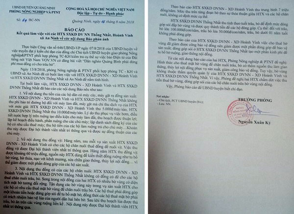 Báo cáo xác minh của Phòng Nông nghiệp và Phát triển nong thôn UBND huyện Quảng Ninh về những khoản thu “bất hợp lý” ở 2 HTX Thống Nhất và Hoành Vinh.