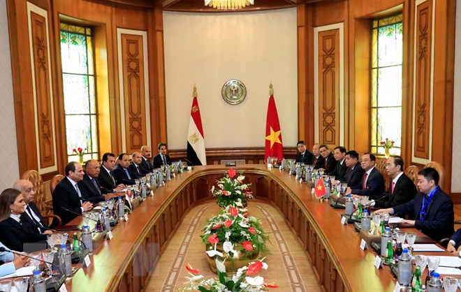 Tổng thống Ai Cập Abdel Fattah Al Sisi và Chủ tịch nước Trần Đại Quang hội đàm. (Ảnh: Nhan Sáng/TTXVN)