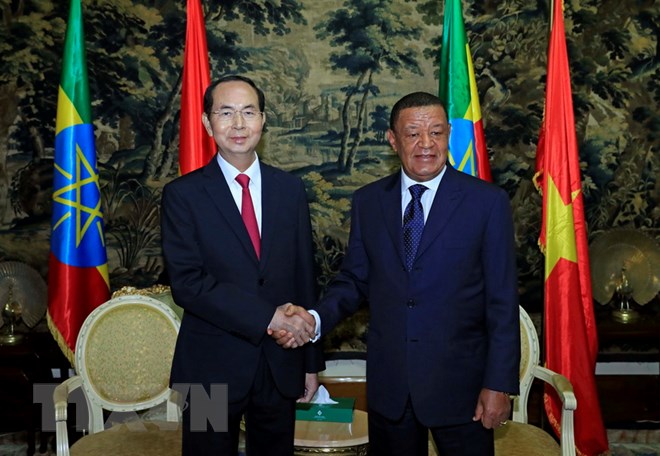 Chủ tịch nước Trần Đại Quang hội đàm với Tổng thống Mulatu Teshome. (Ảnh: Nhan Sáng/TTXVN)