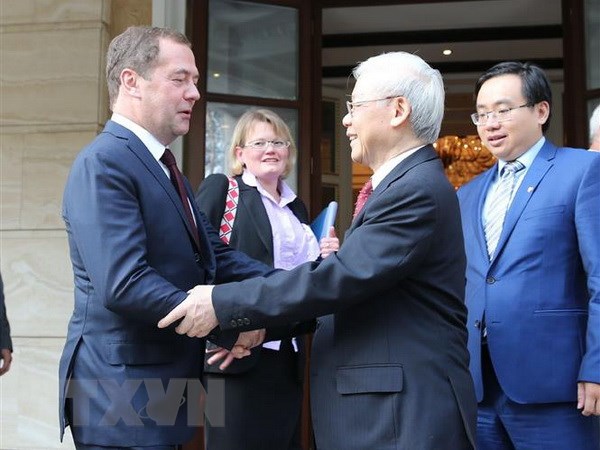 Tổng Bí thư Nguyễn Phú Trọng hội kiến với Thủ tướng Liên bang Nga Dmitry Medvedev. (Ảnh: Trí Dũng/TTXVN)