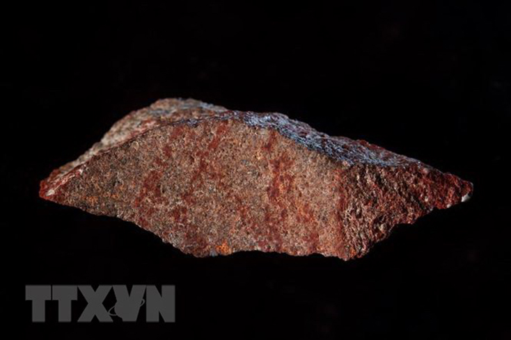 Bản vẽ trên phiến đá nhỏ có niên đại vào khoảng 73.000 năm tuổi được phát hiện tại Hang Blombos ở tỉnh Western Cape , Nam Phi ngày 12-9. (Nguồn: AFP/TTXVN)