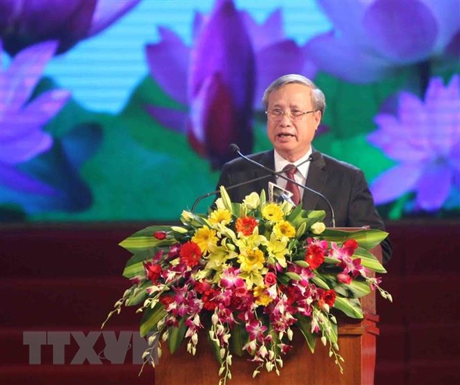 Đồng chí Trần Quốc Vượng, Ủy viên Bộ Chính trị, Thường trực Ban Bí thư phát biểu tại lễ kỷ niệm. (Ảnh: Thanh Tùng/TTXVN)
