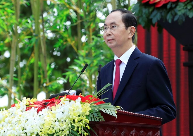 Chủ tịch nước Trần Đại Quang đọc diễn văn kỷ niệm 130 năm Ngày sinh Chủ tịch Tôn Đức Thắng, ngày 20-8. (Ảnh: Nhan Sáng/TTXVN)