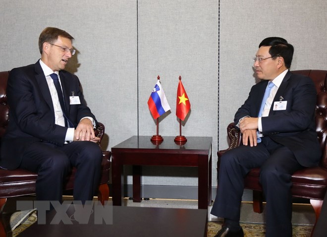 Phó Thủ tướng Chính phủ, Bộ trưởng Ngoại giao Phạm Bình Minh gặp Bộ trưởng Ngoại giao Slovenia Miro Cerar. (Ảnh: Hoài Thanh/TTXVN)