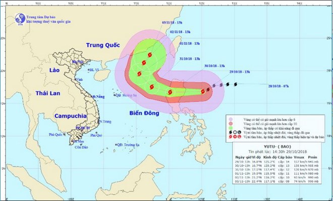 Sáng 30-10, bão Yutu sẽ gây mưa, gió mạnh vùng biển Đông Bắc Biển Đông