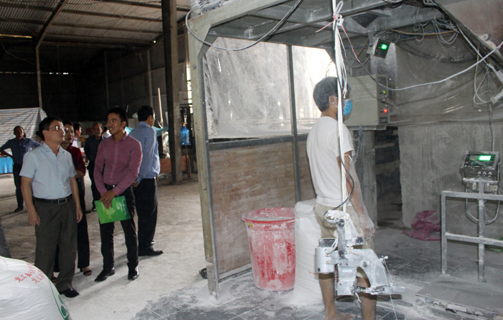 Các đại biểu tham quan mô hình trình diễn kỹ thuật sản xuất tinh bột biến tính từ tinh bột sắn tại Nhà máy tinh bột Long Giang.