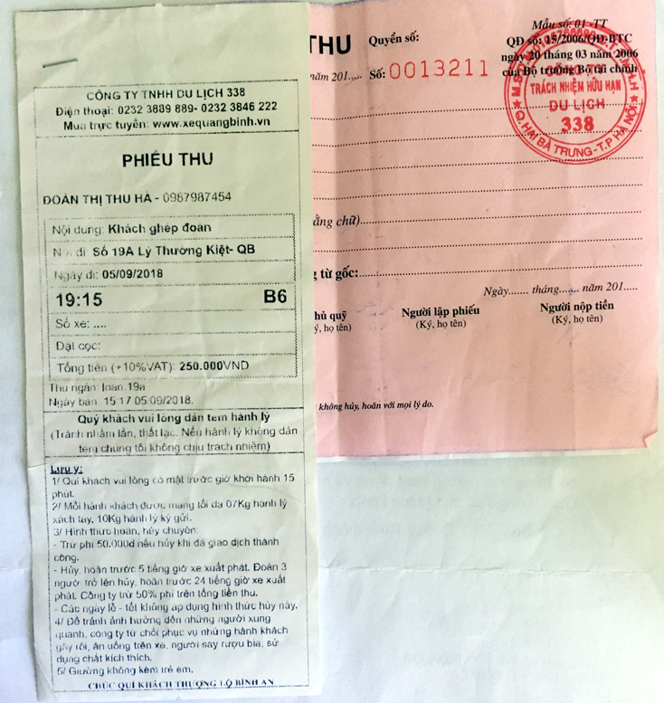 Vé xe cộng phiếu thu được mua tại văn phòng xe Hưng Long tại số 19A Lý Thường Kiệt, TP. Đồng Hới đã cho thấy dấu hiệu của sự lách luật để trốn thuế.
