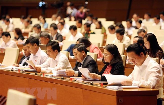 Các đại biểu nghiên cứu tài liệu tại Kỳ họp thứ 6 Quốc hội khoá XIV. (Ảnh: TTXVN)