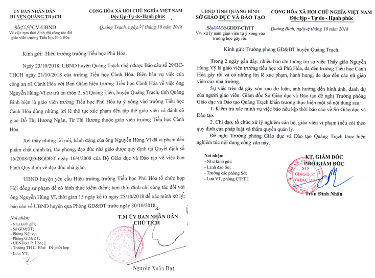 UBND huyện Quảng Trạch và Sở Giáo dục - Đào tạo đã kịp thời chỉ đạo xác minh, xử lý vụ việc để không làm ảnh hưởng đến hình ảnh, danh dự của người giáo viên.          