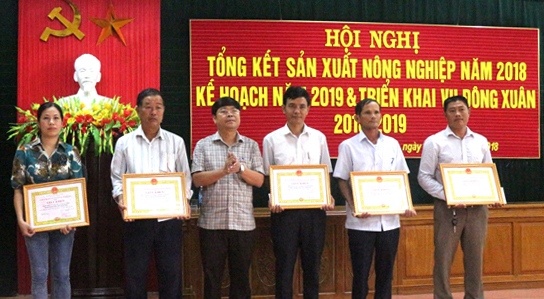 Đại diện lãnh đạo UBND huyện Quảng Ninh trao thưởng cho các tập thể, cá nhân có nhiều đóng góp trong sản xuất nông nghiệp.