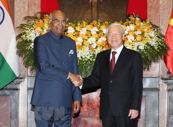 Tổng Bí thư, Chủ tịch nước Nguyễn Phú Trọng chủ trì Lễ đón chính thức Tổng thống Cộng hòa Ấn Độ Ram Nath Kovind và Phu nhân. (Ảnh: Trí Dũng/TTXVN)