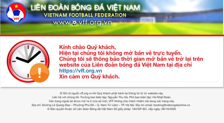  Hai trang phụ để bán vé của Liên đoàn Bóng đá Việt Nam đã ra thông báo tạm ngừng phục vụ. (Ảnh chụp màn hình)