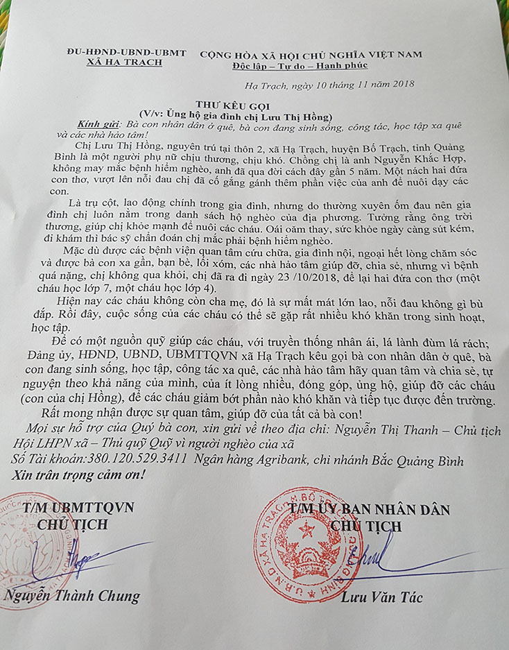 Thư kêu gọi của Đảng ủy, HĐND, UBND, Ủy ban MTTQVN xã Hạ Trạch về việc ủng hộ gia đình chị Lưu Thị Hồng.