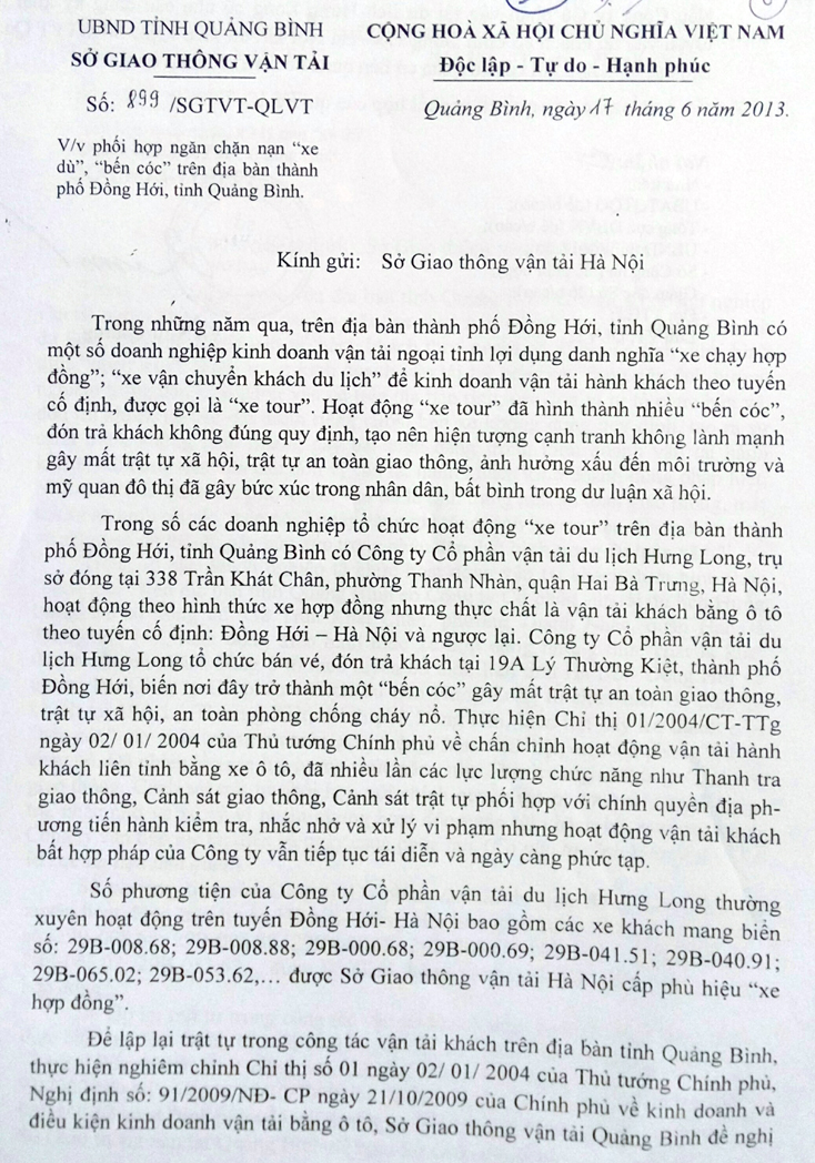 Một trong nhiều văn bản mà Sở GTVT Quảng Bình gửi cho GTVT Hà Nội nhưng không nhận được hồi âm hay bất cứ động thái nào từ phía Sở GTVT Hà Nội.