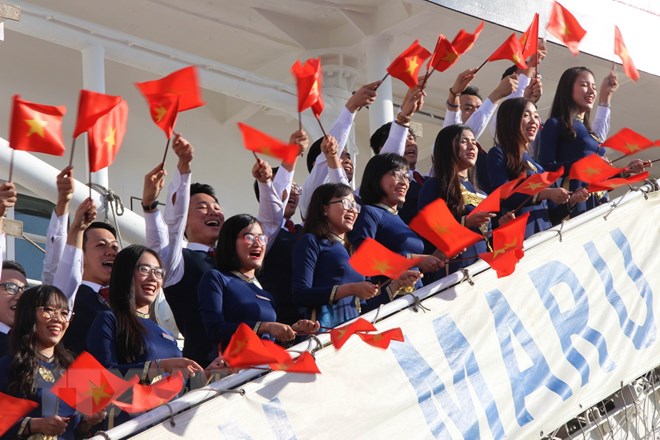 Các đại biểu thanh niên Việt Nam tham gia Tàu Thanh niên Đông Nam Á và Nhật Bản lần thứ 45 năm 2018. (Ảnh: Xuân Dự/TTXVN)