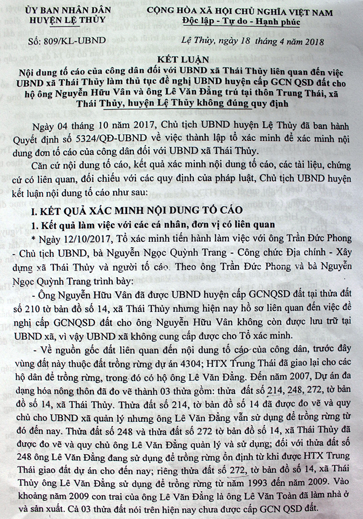 Kết luận của UBND huyện Lệ Thủy đã làm rõ những sai phạm của các cá nhân, cán bộ xã Thái Thủy trong việc xét cấp GCNQSDĐ cho ông Nguyễn Hữu Vân.