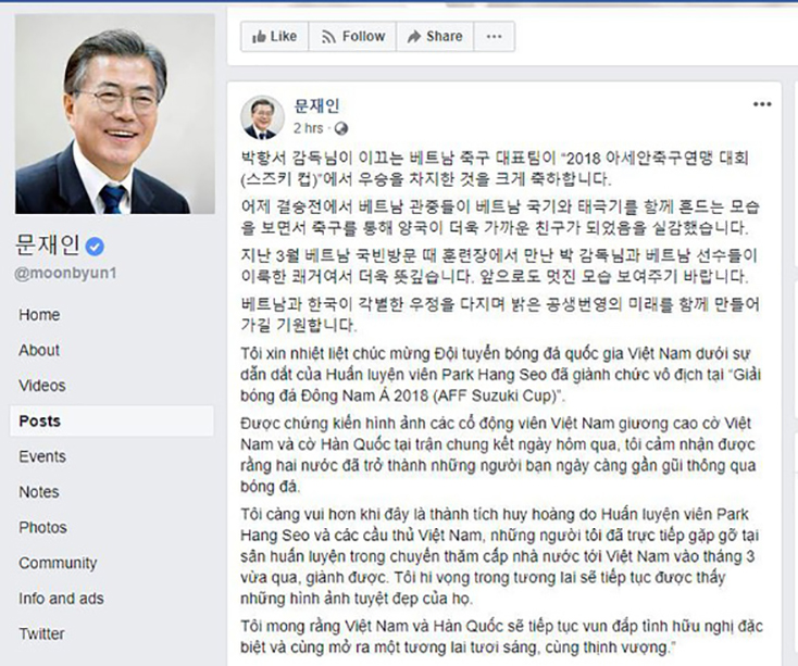 Ông Moon Jae In gửi lời chúc tuyển Việt Nam và HLV Park Hang Seo trên Facebook