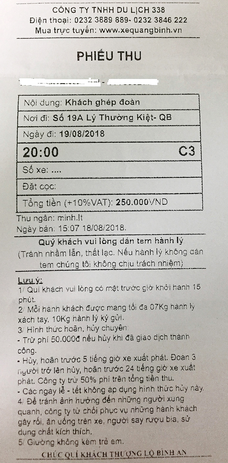 Vé đi xe Hưng Long thể hiện dưới dạng phiếu thu được bán trước thời điểm Báo Quảng Bình có bài phản ánh.  