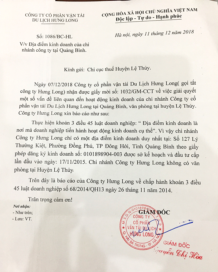 Văn bản trả lời của Công ty Hưng Long khẳng định tại Quảng Bình chỉ có một điểm kinh doanh duy nhất tại 127-Lý Thường Kiệt, phường Đồng Phú, TP. Đồng Hới.