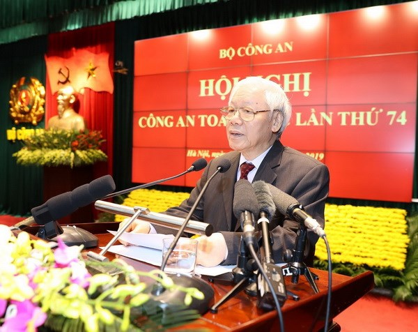 Tổng Bí thư, Chủ tịch nước Nguyễn Phú Trọng phát biểu tại Hội nghị Công an toàn quốc lần thứ 74. (Ảnh: Trí Dũng/TTXVN)