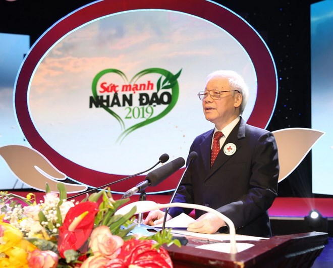 Tổng Bí thư, Chủ tịch nước Nguyễn Phú Trọng, Chủ tịch danh dự Hội Chữ thập Đỏ Việt Nam đến dự và phát biểu. (Ảnh: Trí Dũng/TTXVN)