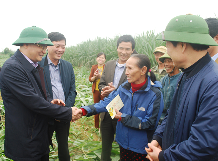 Đồng chí Lê Minh Ngân, Phó Chủ tịch UBND tỉnh thăm và tặng quà bà con nông dân thôn Hòa Trạch, xã Nam Trạch.