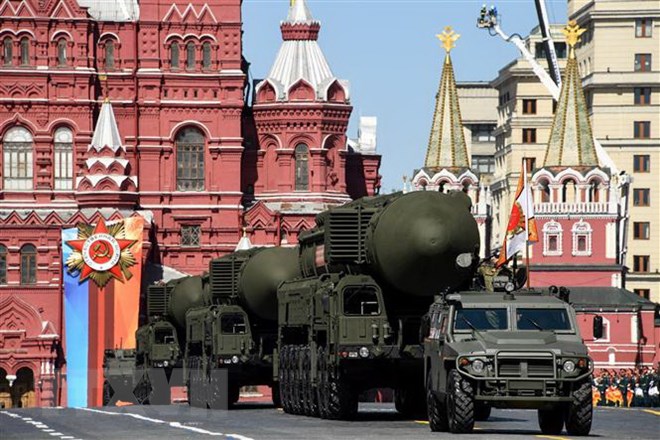 Tên lửa liên lục địa Yars RS-24 của Nga tại lễ diễu binh mừng Ngày Chiến thắng trên Quảng trường Đỏ ở Moskva, Nga ngày 9-5-2018. (Ảnh: AFP/TTXVN)