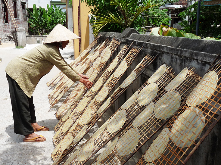 Nhiều hộ gia đình ở làng nghề truyền thống bánh tráng Tân An sử dụng hiệu quả vốn vay để phát triển sản xuất. (Ảnh: T.Hành)