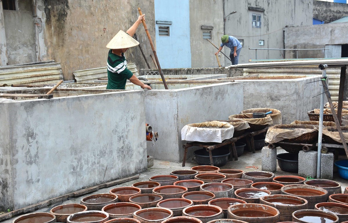 Sản xuất nước mắm truyền thống ở Nam Định. (Nguồn: TTXVN)