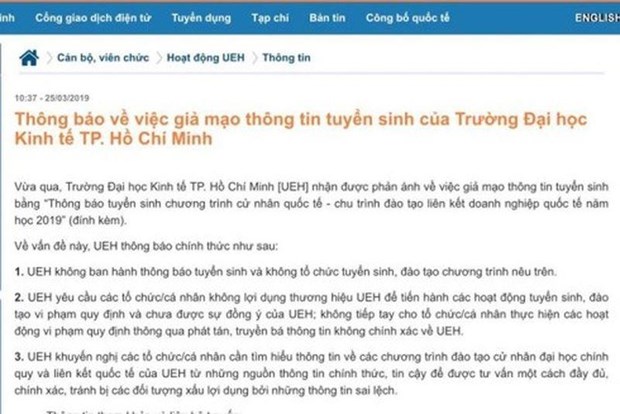 Cảnh báo của Trường Đại học Kinh tế Thành phố Hồ Chí Minh.