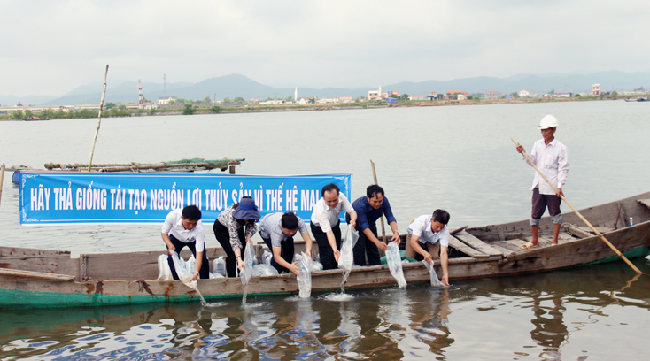 Các đại biểu tham gia thả tôm, cá giống trên sông Gianh.