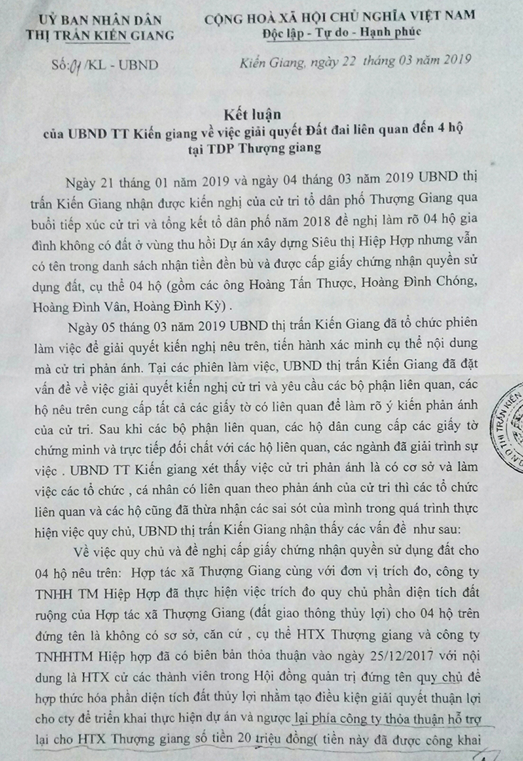 Văn bản của UBND thị trấn Kiến Giang thừa nhận sai phạm của đơn vị và các tập thể, cá nhân liên quan khác trong vụ việc này.     