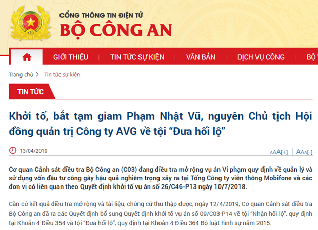 Cổng thông tin điện tử của Bộ Công an đưa tin về việc bắt tạm giam ông Phạm Nhật Vũ (Ảnh chụp màn hình)