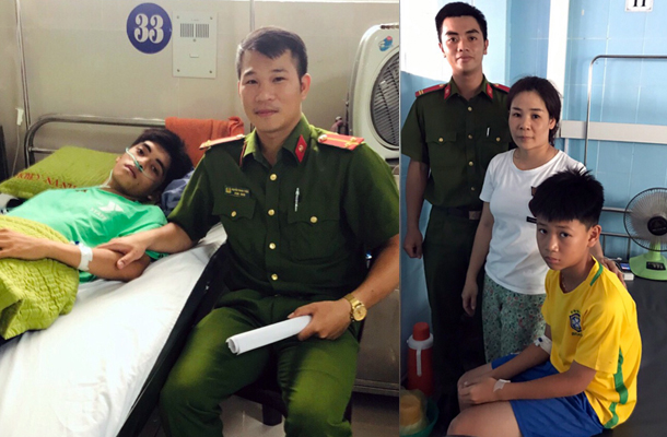 Trung úy Nguyễn Thanh Thiện và Trung sỹ Lê Đức Chính đến thăm cháu Lê Anh Phong và cháu Vũ Hiệp đang điều trị tại Bệnh viện Việt Nam-Cu Ba Đồng Hới.