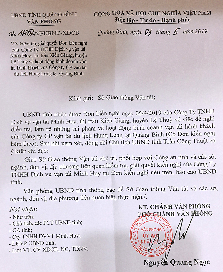 Văn bản của Văn phòng UBND tỉnh gửi Sở GTVT truyền đạt ý kiến chỉ đạo của đồng chí Chủ tịch UBND tỉnh.
