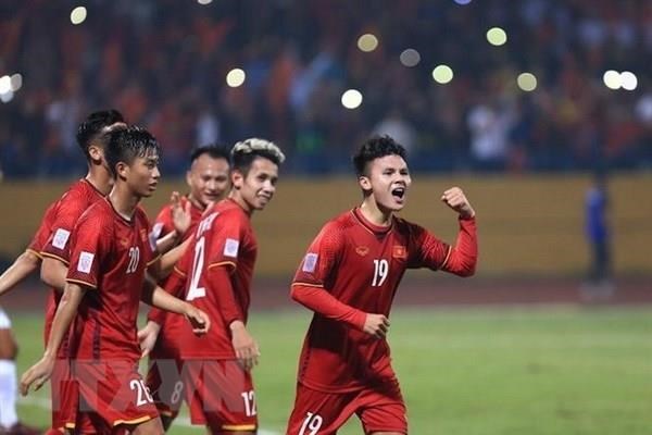  Đội trưởng U23 Việt Nam Nguyễn Quang Hải (số 19) và các đồng đội luôn tự tin thi đấu mỗi khi ra sân. (Ảnh: Trọng Đạt/TTXVN)