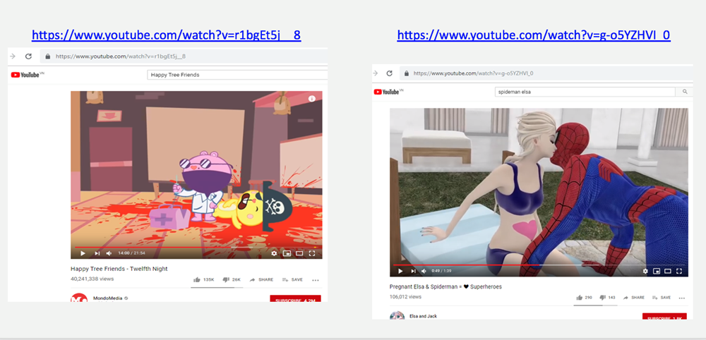 Các nội dung độc hại 'núp' dưới bóng các kênh hoạt hình cho trẻ em đang hoành hành trên YouTube. (Ảnh chụp màn hình)